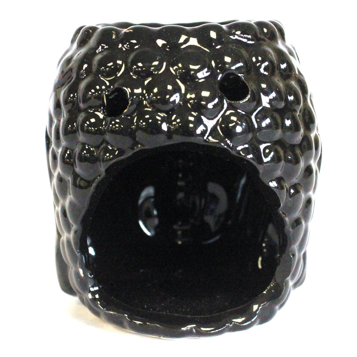 Buddha Oil Burner, Black, front view showing the glossy textured back and large hollow opening