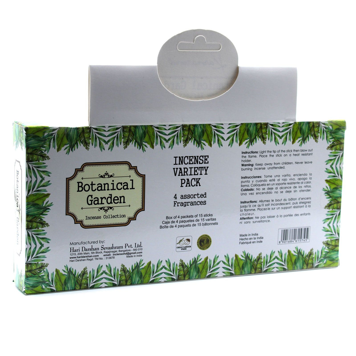 Botanical Garden Incense Gift Set, 4 Assorted Fragrances, back of the leafy green box with hanging tab