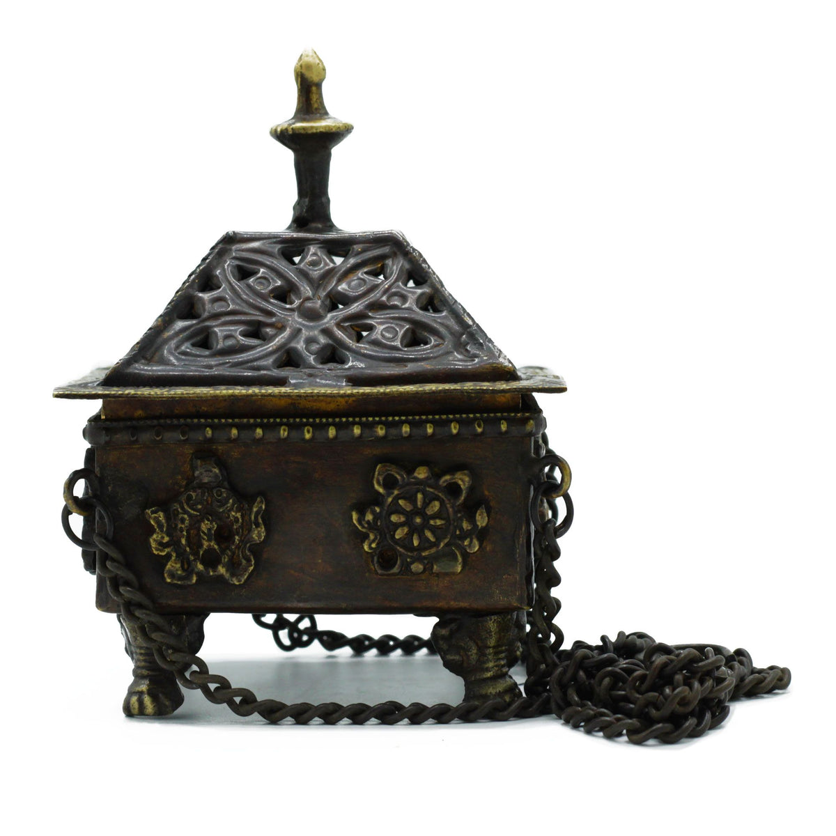 Brass Tibetan hanging incense burner, a square box with a pierced pyramid lid and hanging chains