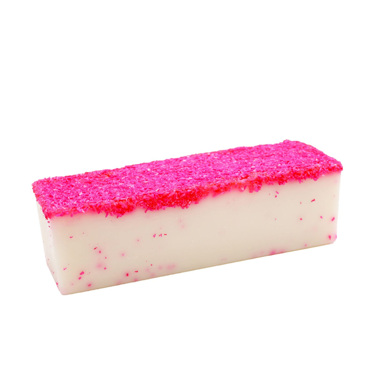 Coconut Dream soap loaf shown whole, with a textured bright pink top and white sides