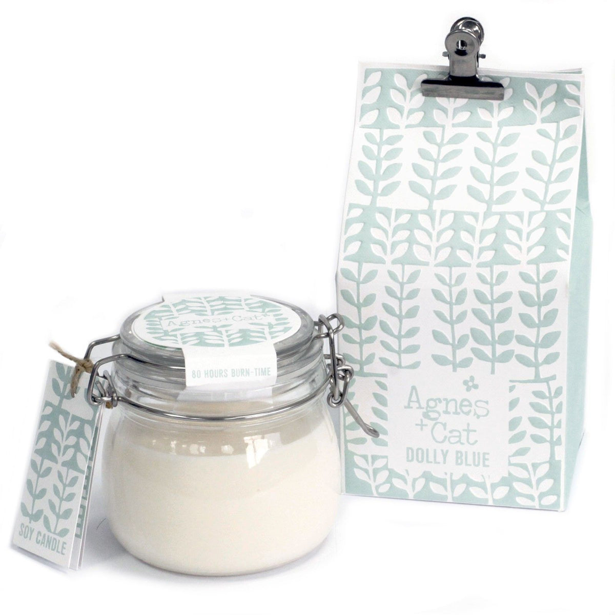 Agnes + Cat Kilner Jar Candle, Dolly Blue, in a clear clasp jar beside its patterned box