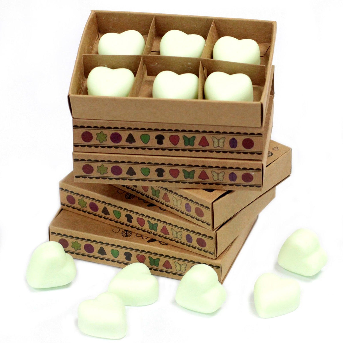 Box of 6 Wax Melts, Mint & Menthol, pale green heart melts in an open divided tray and loose on white