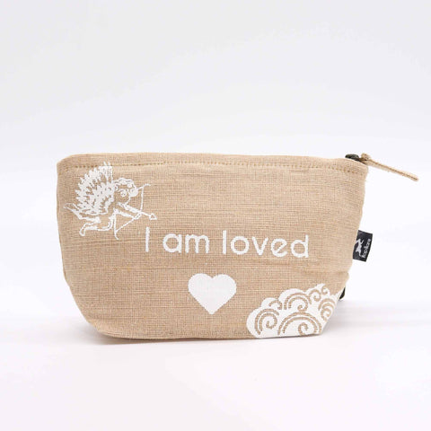 Hop Hare Pouch, I am Loved, tan pouch with white hare, heart and decorative print, shown from the front