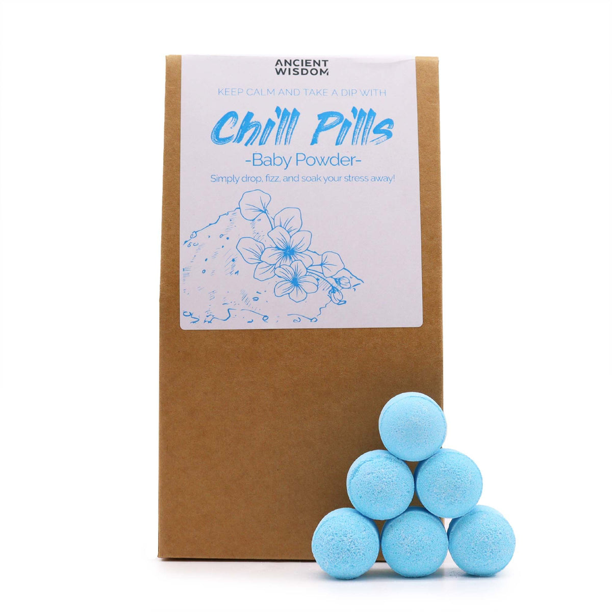 Chill Pills Gift Pack 350g, Baby Powder, brown box with blue pills stacked in front