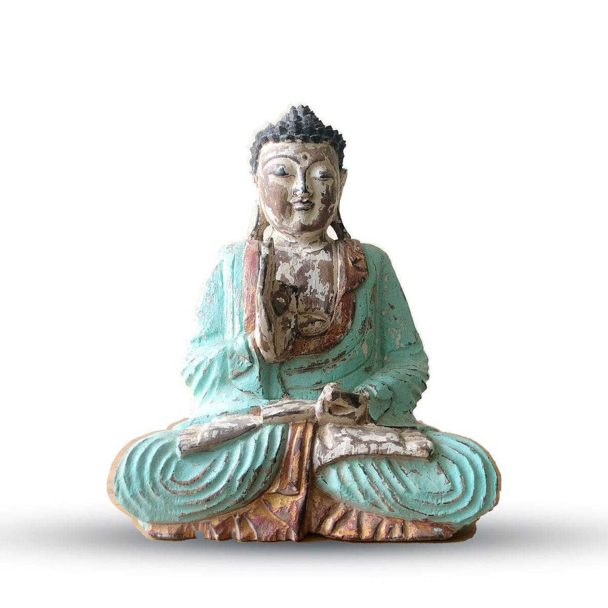 Vintage Mint Hand Carved Buddha Statue seated cross-legged, shown from the front against a white background