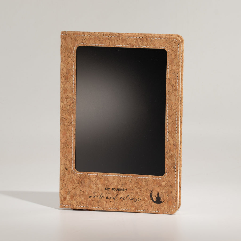 Notebook standing upright with its LCD screen blank