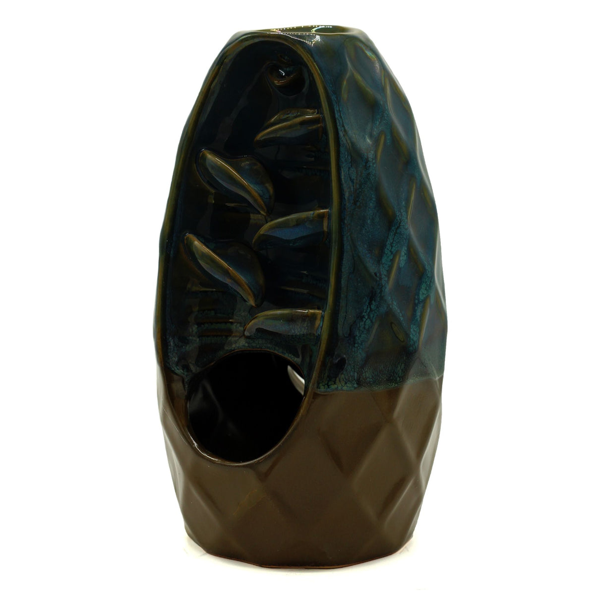 Backflow Incense Burner, Pineapple Mountain & Cascade Twin Design in dark teal and brown, angled front view