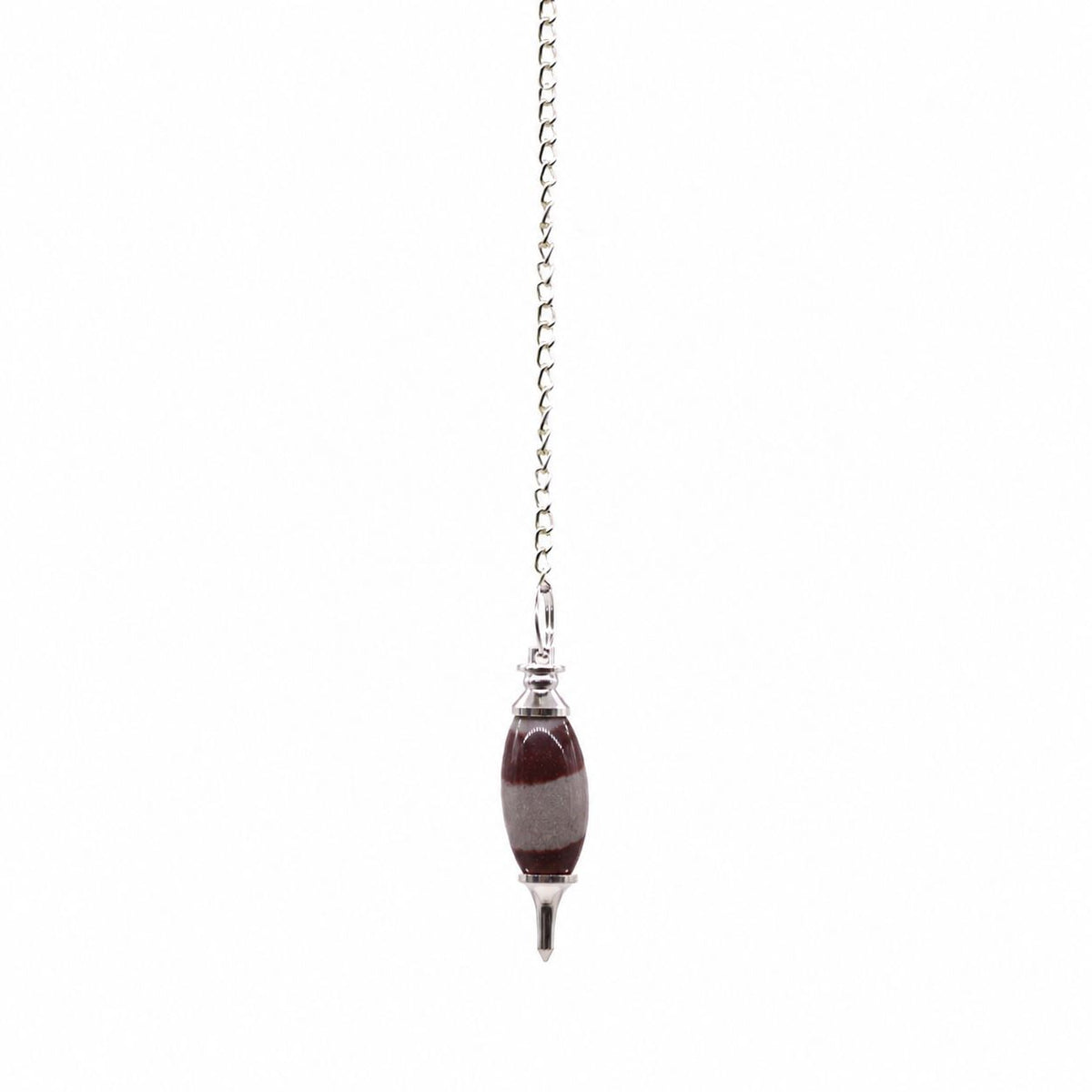 Shiva Lingam pendulum hanging alone from its silver chain against a plain white background