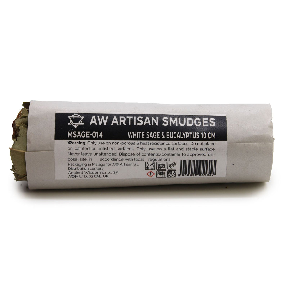 Smudge Stick, White Sage & Eucalyptus 10 cm in a white paper wrapper, label facing forwards