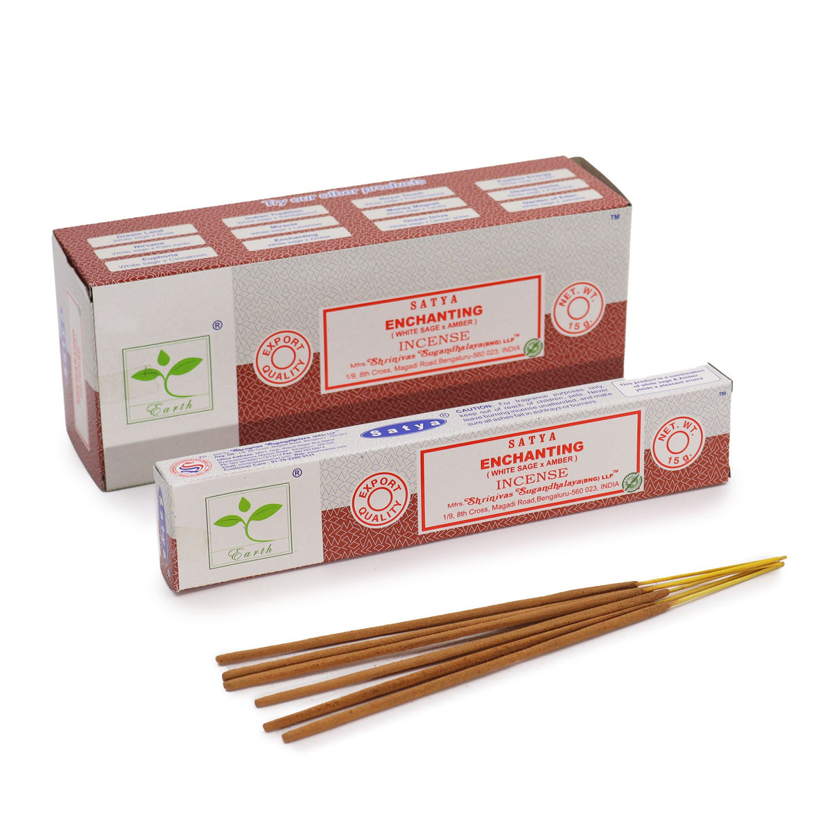 Satya Incense 15gm, Enchanting (White Sage & Amber) boxes with brown incense sticks on a white background