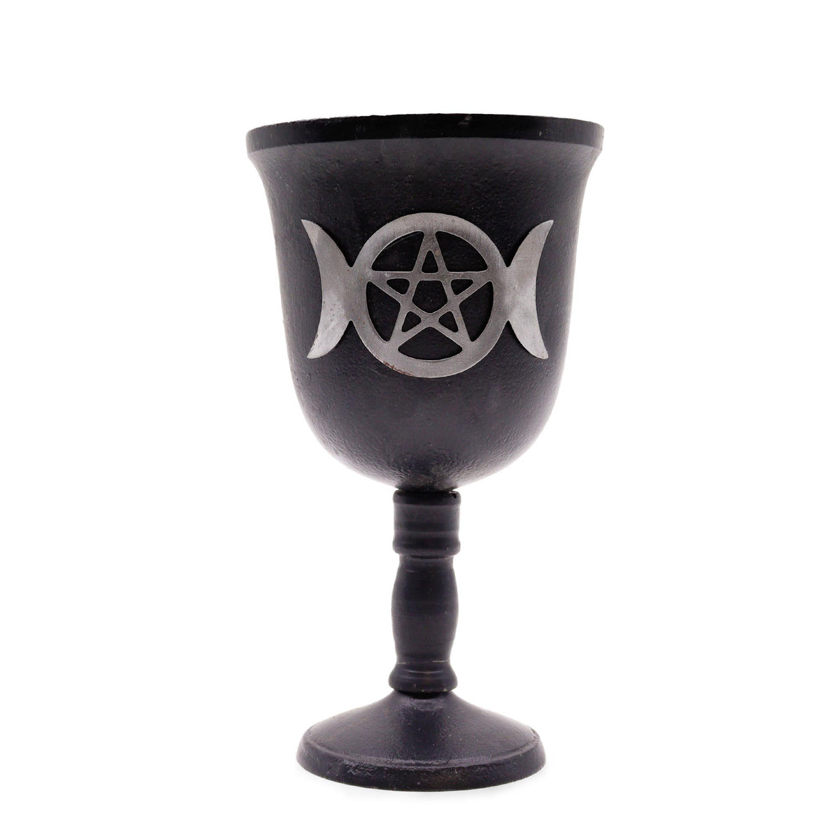 Iron Ritual Goblet, Triple Moon, a black goblet with a silver triple moon and pentagram symbol
