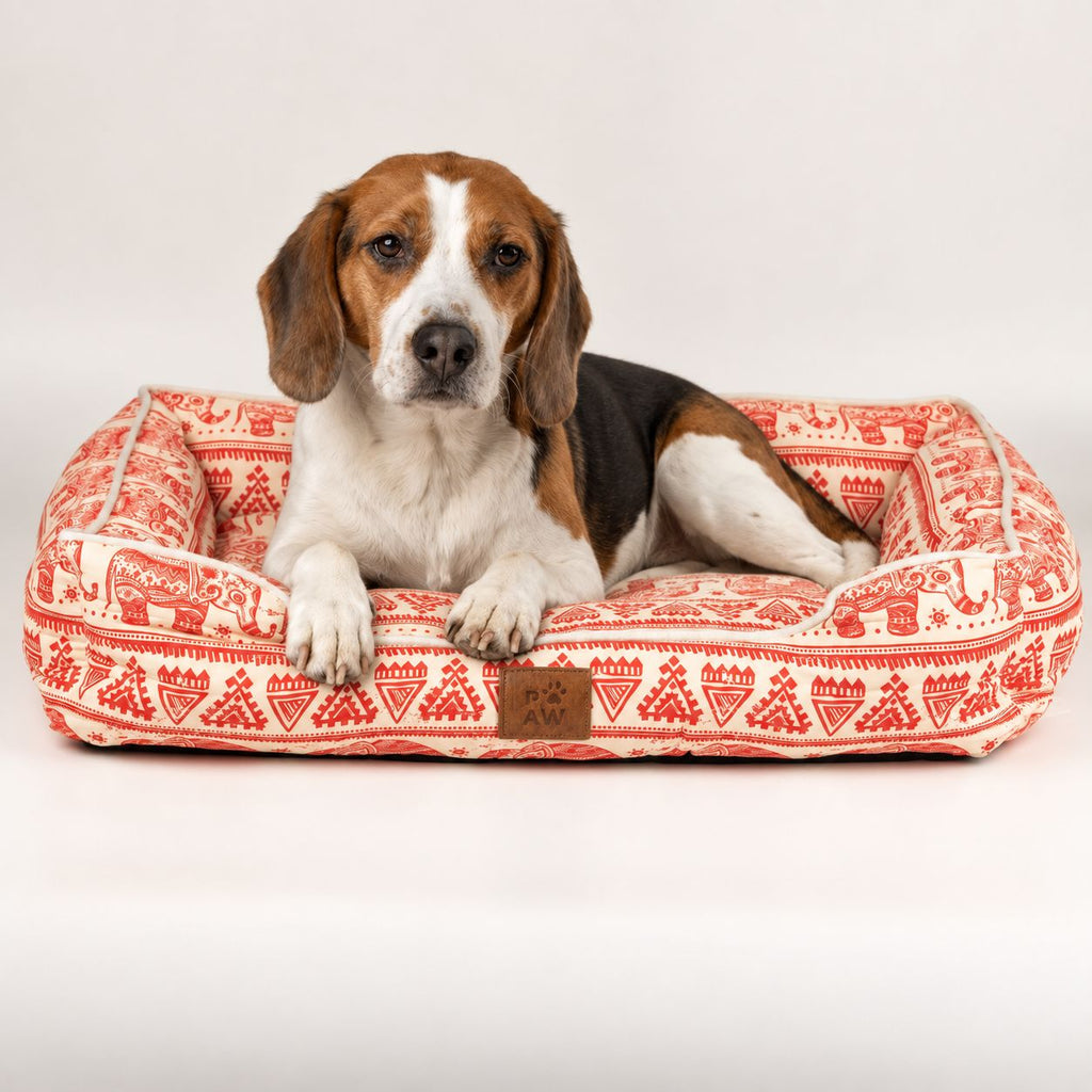 PAW Lucky Elephant pet bed with red and cream geometric print