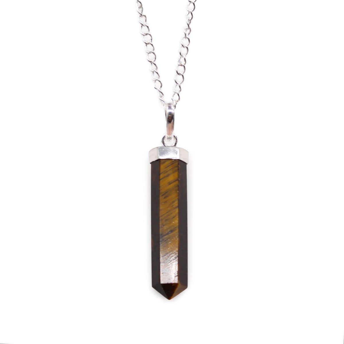 Tiger Eye point pendant hanging from a silver-coloured chain, shown close up against a white background
