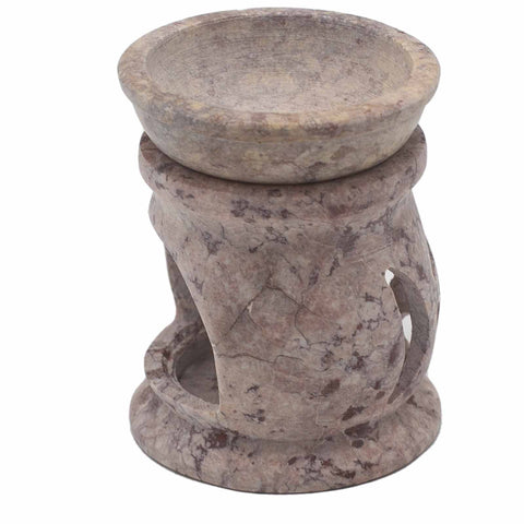 Small Soapstone Oil Burner 8cm, Three Moon Pentagon in mottled grey stone, angled view showing the bowl