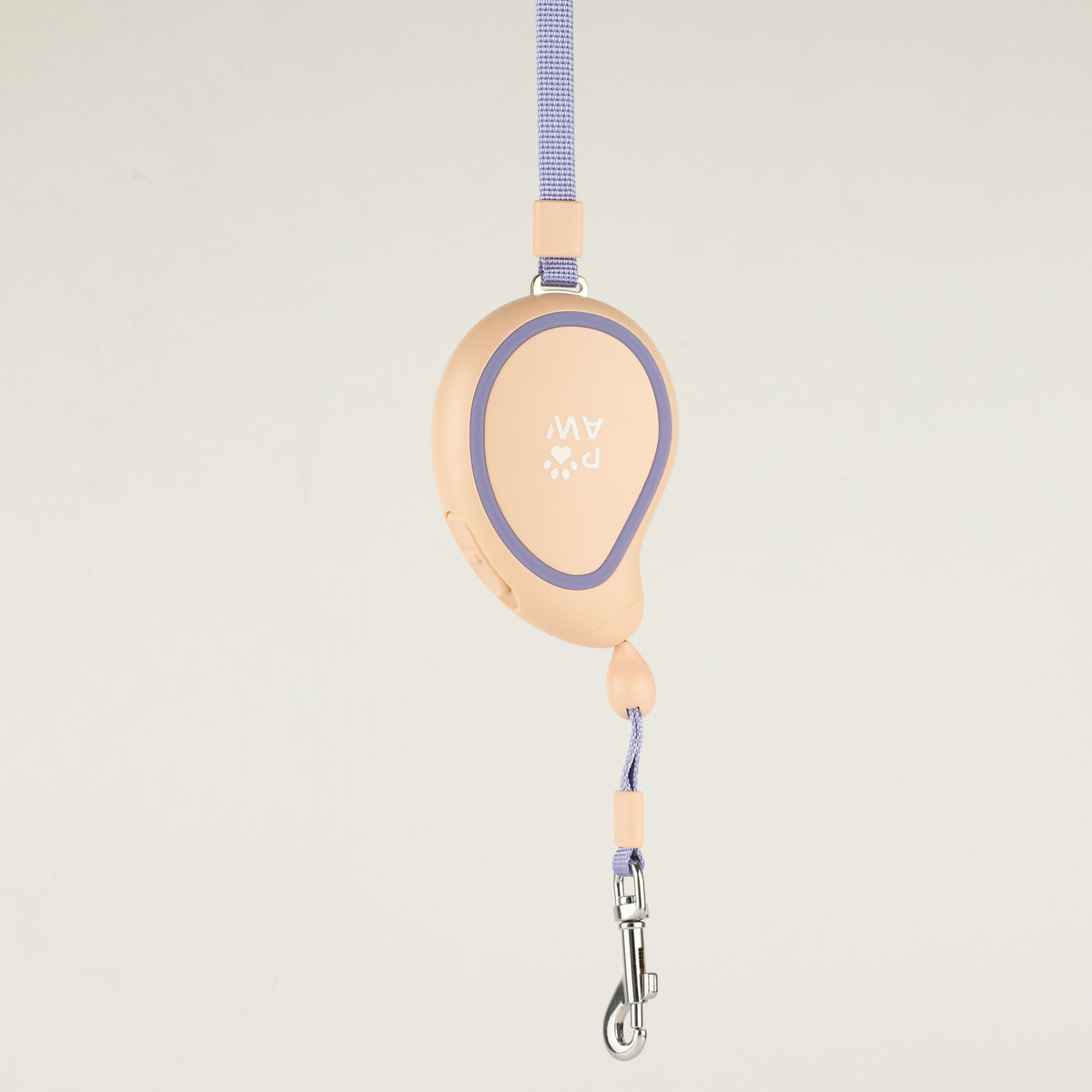 Paw Mini Mango peach retractable lead with lavender trim and wrist strap