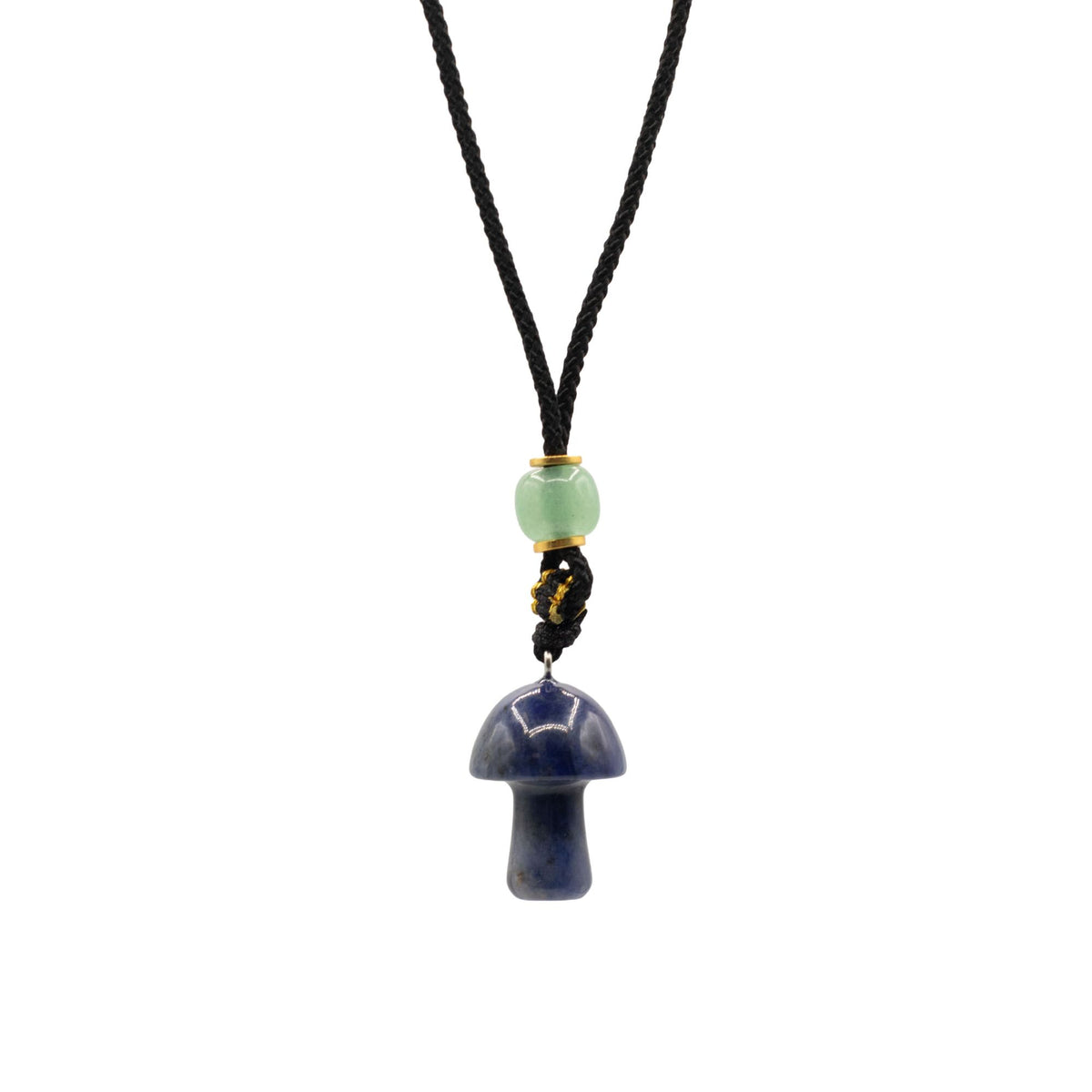 Sodalite mushroom pendant and green bead hanging from a black cord, isolated against a white background