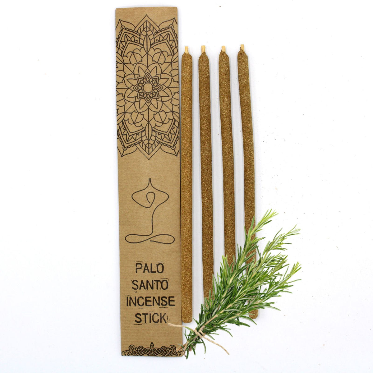 Palo Santo Large Incense Sticks, Rosemary beside a patterned kraft box and fresh rosemary sprig