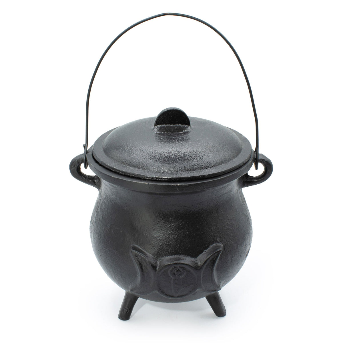 Triple moon cauldron with lid closed and handle raised, shown from the front on a white background