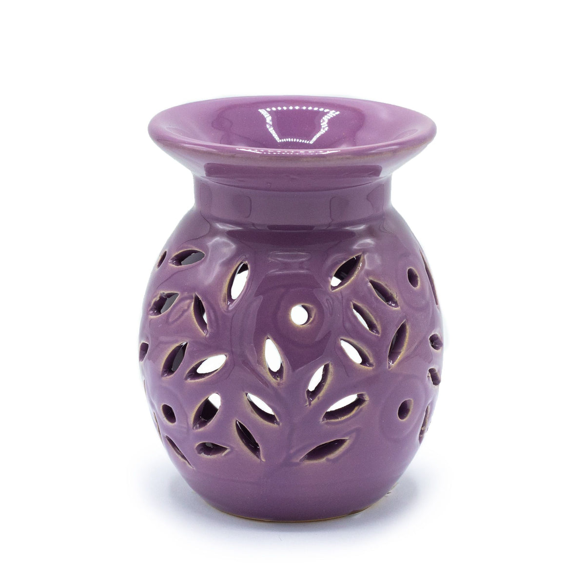 Floral Oil Burner, Lavender, purple burner with leaf-shaped openings, shown from the front on white