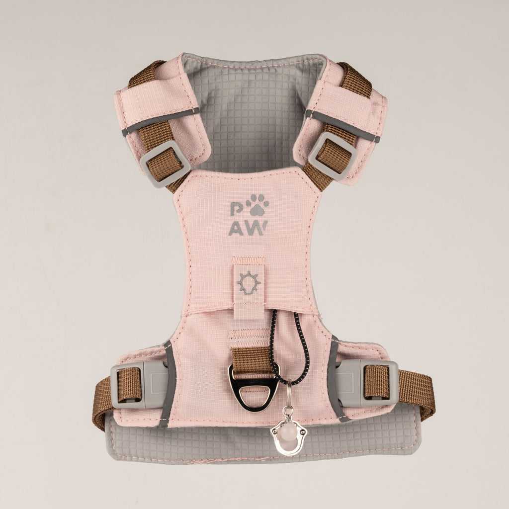 Front view of the soft pink harness with grey lining