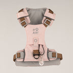 Front view of the soft pink harness with grey lining