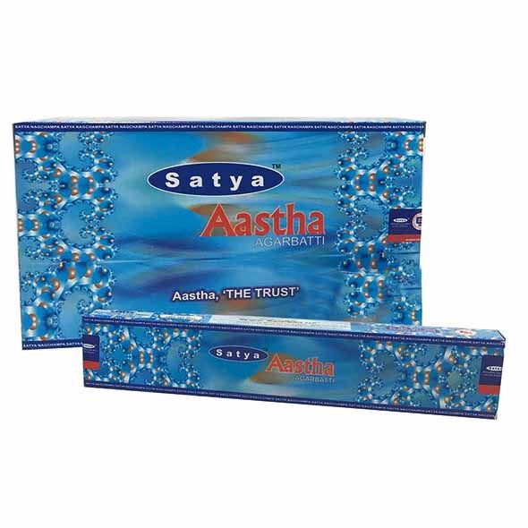 Satya Aastha Agarbatti incense box, blue, printed "Aastha, The Trust"