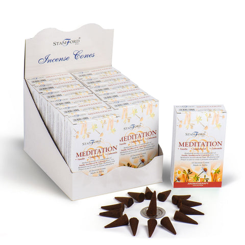 Meditation cones in a Stamford display box, with one retail pack and dark brown cones arranged in front