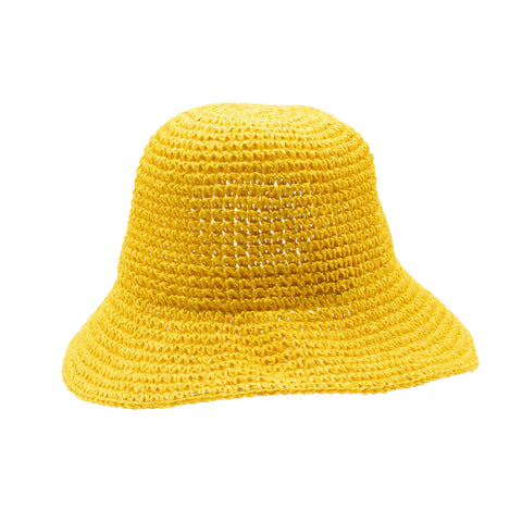 Bright yellow straw bucket hat with a wide floppy brim, front view