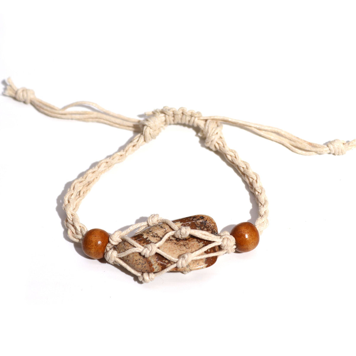Gemstone Bracelet Cord- Natural with a mottled brown stone, cream woven cord and wooden beads, front view
