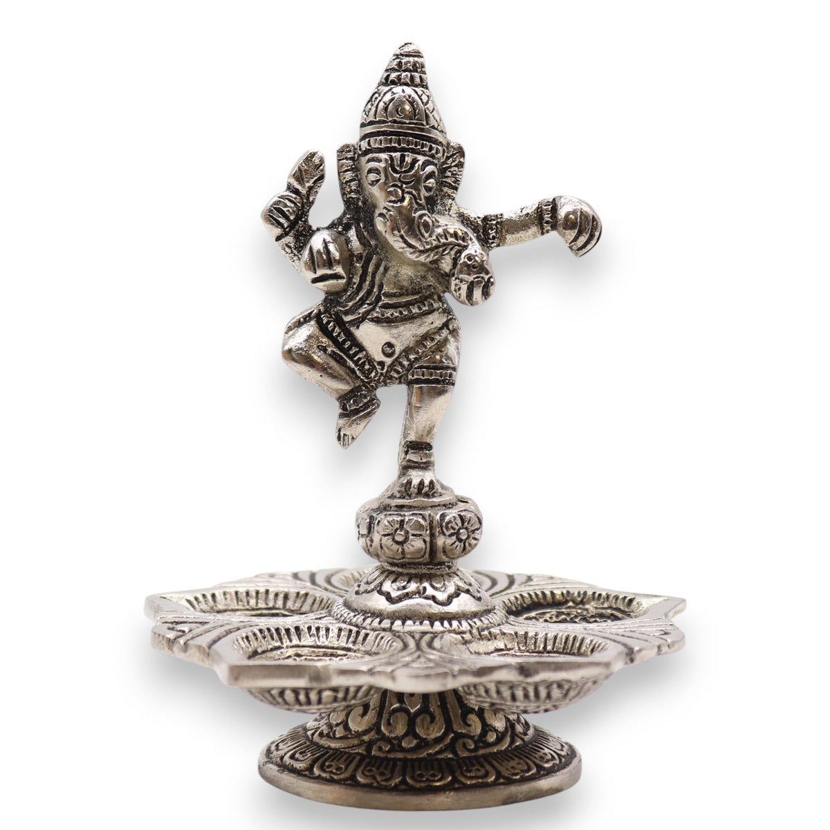 Dancing Ganesha Incense Holder in silver-tone metal, front view with an empty patterned tray