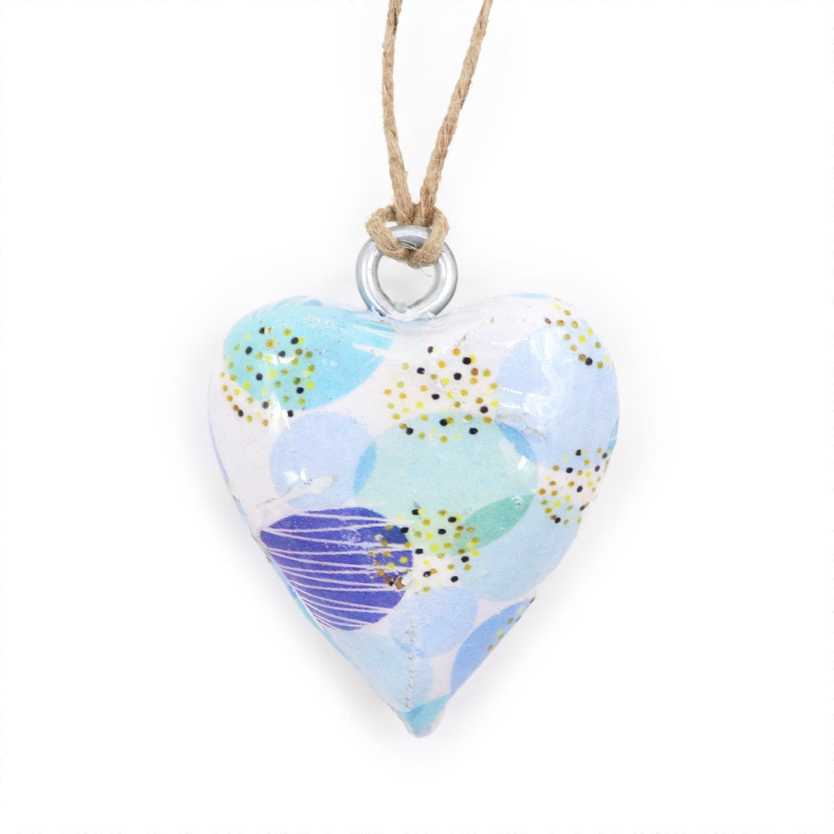 Blue abstract heart ornament shown close up from the front, with a metal loop and hanging cord