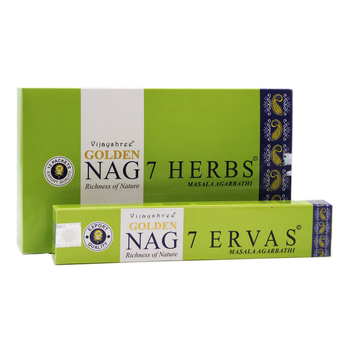 15g Golden Nag, Seven Herbs incense in green packaging, a large box behind a slim packet, front view