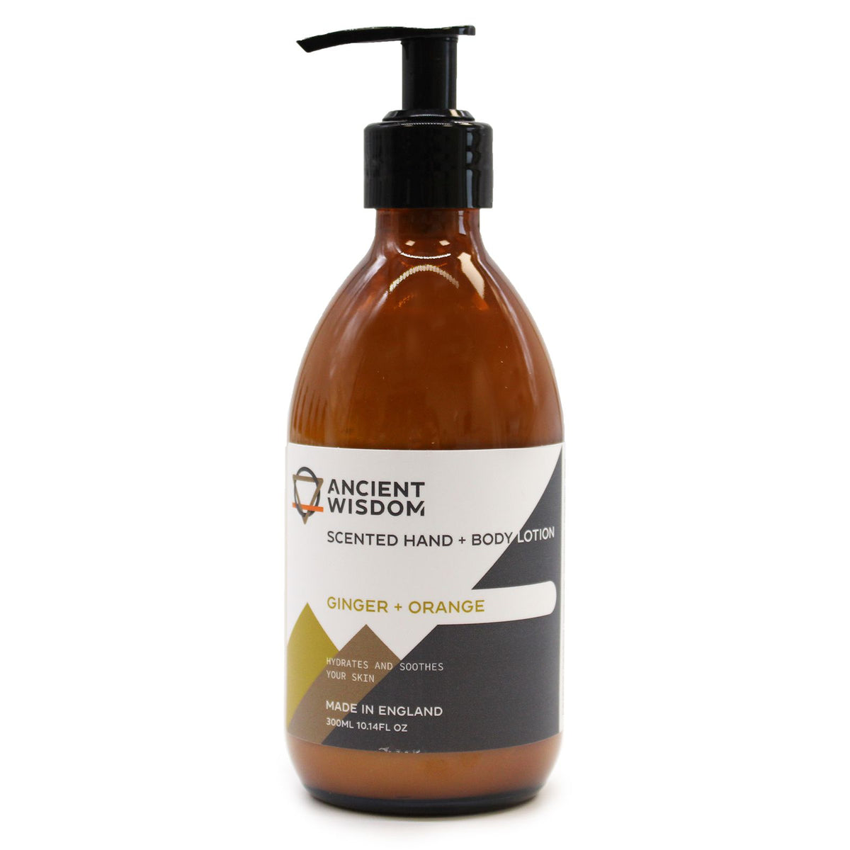 Ginger & Orange Lotion 300ml, amber pump bottle shown close up against a plain white background