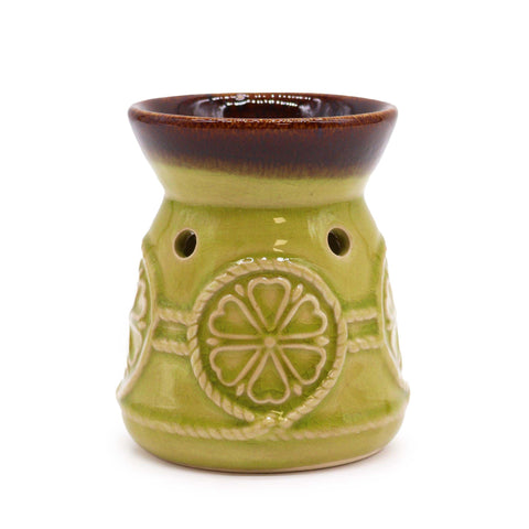 Classic Spa Burner, Jade, green burner with a dark brown dish and raised floral pattern, front view