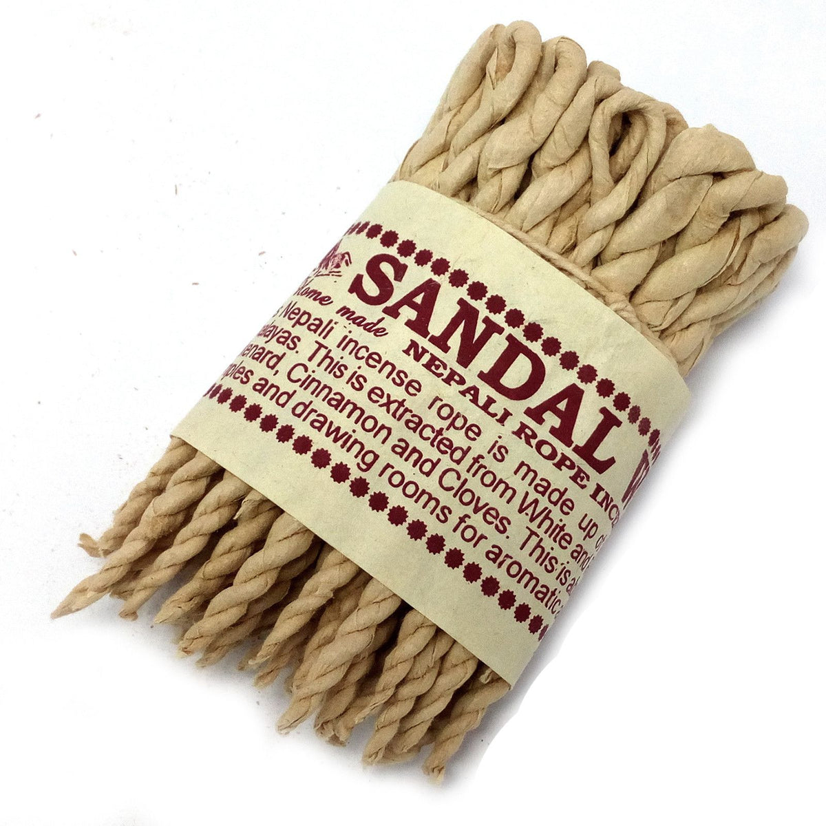 Pure Herbs Sandalwood & Spice Rope Incense, tan twisted ropes wrapped with a printed cream paper band