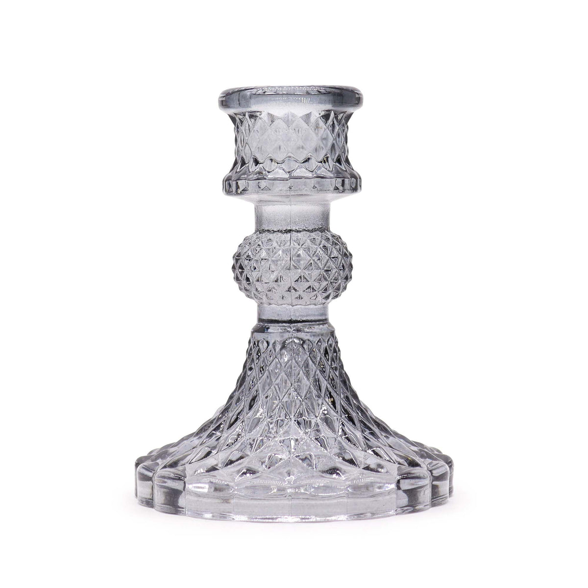Vintage Dinner Candle Holder, Midnight Grey, shown alone from the front with a cut glass pattern