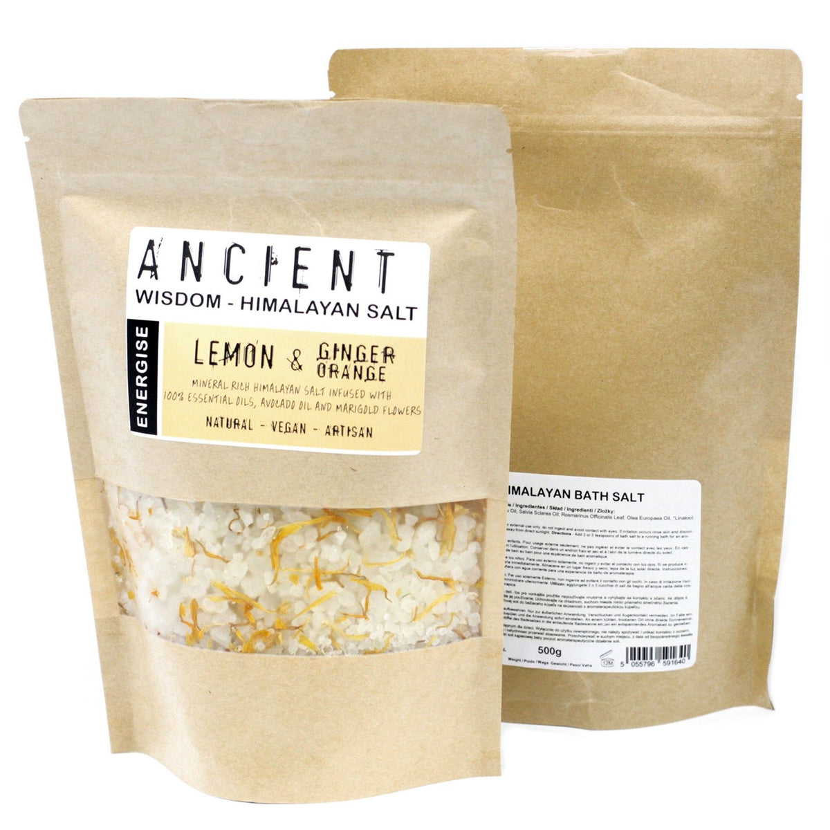 Himalayan Bath Salt Blend 500g, Energise, two kraft pouches showing the front and back labels