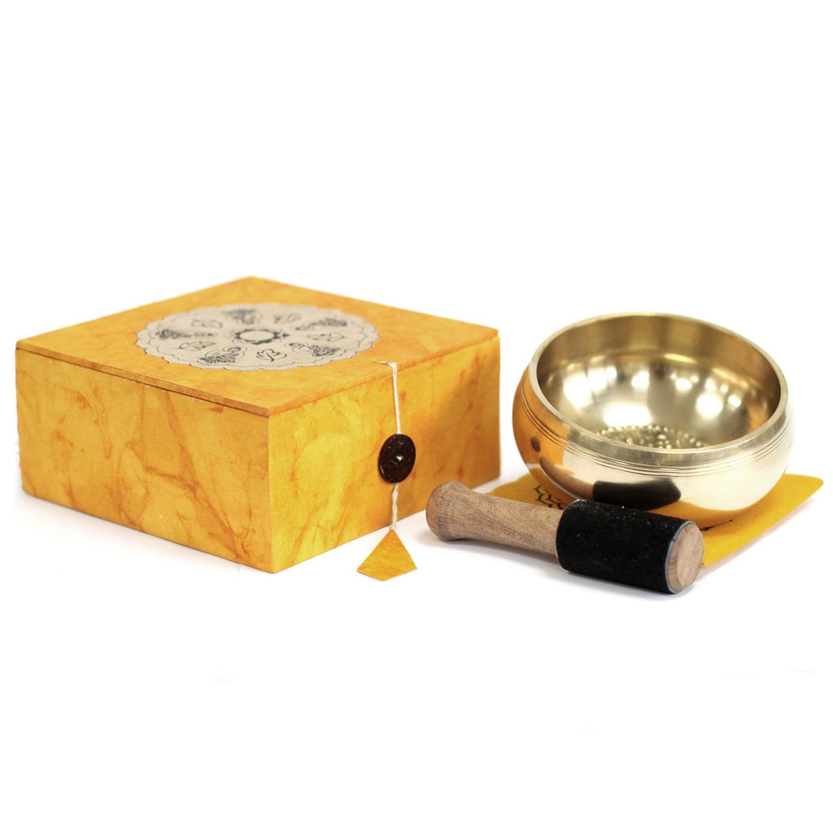 Special Meditation Bowl Set with a brass bowl, wooden striker and yellow patterned presentation box