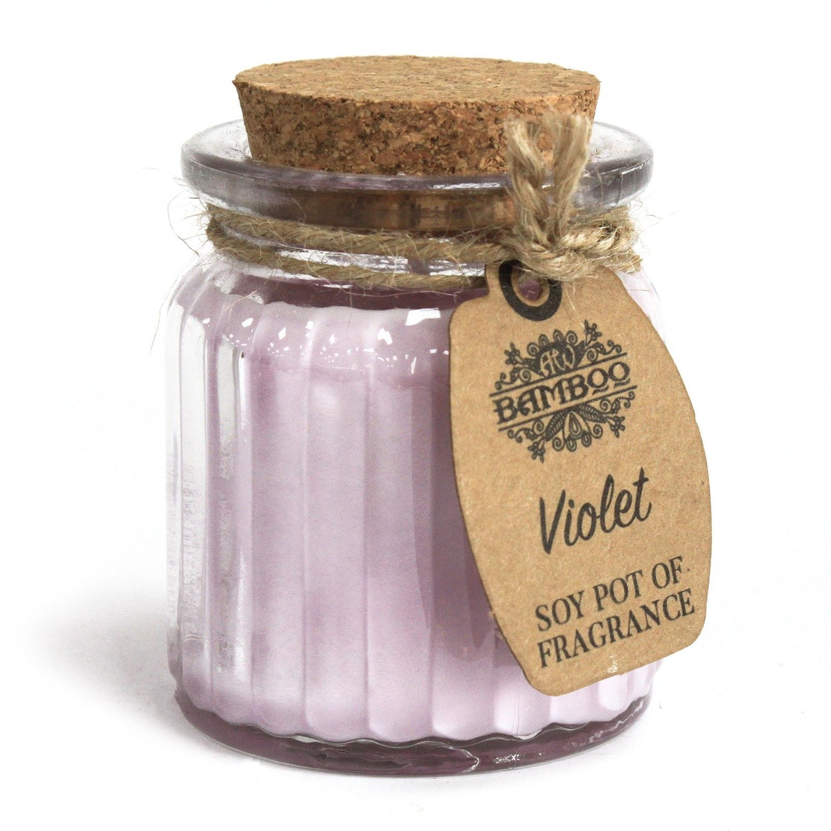 Violet Soy Pot of Fragrance Candles in a clear ribbed glass pot with cork lid and brown tag