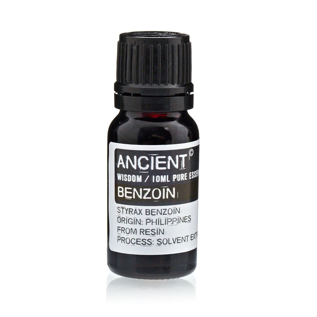 10 ml Benzoin Essential Oil (Dilute/Dpg) in a dark bottle with a black cap, shown from the front