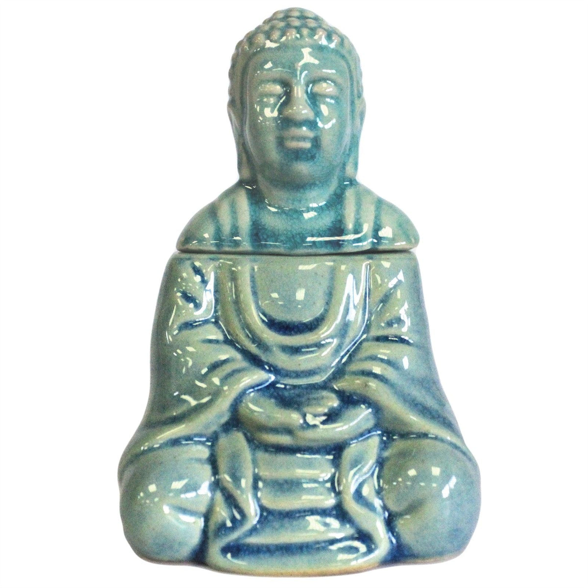 Sitting Buddha Oil Burner, Blue, closed and facing forwards against a white background