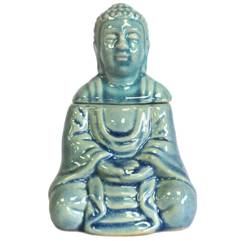 Sitting Buddha Oil Burner, Blue, closed and facing forwards against a white background