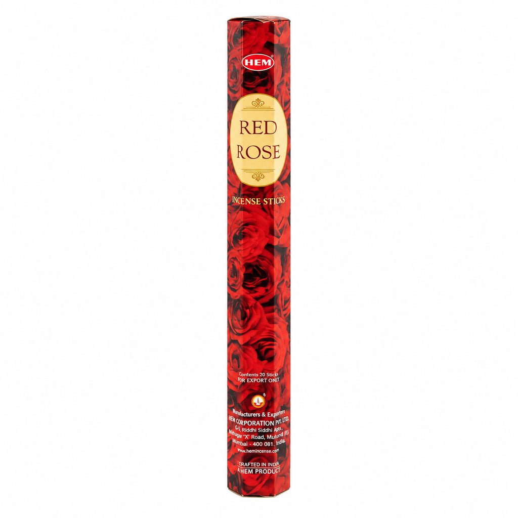 HEM Red Rose incense in a tall red hexagonal pack
