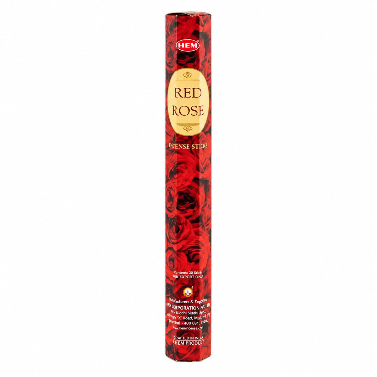 HEM Red Rose incense in a tall red hexagonal pack
