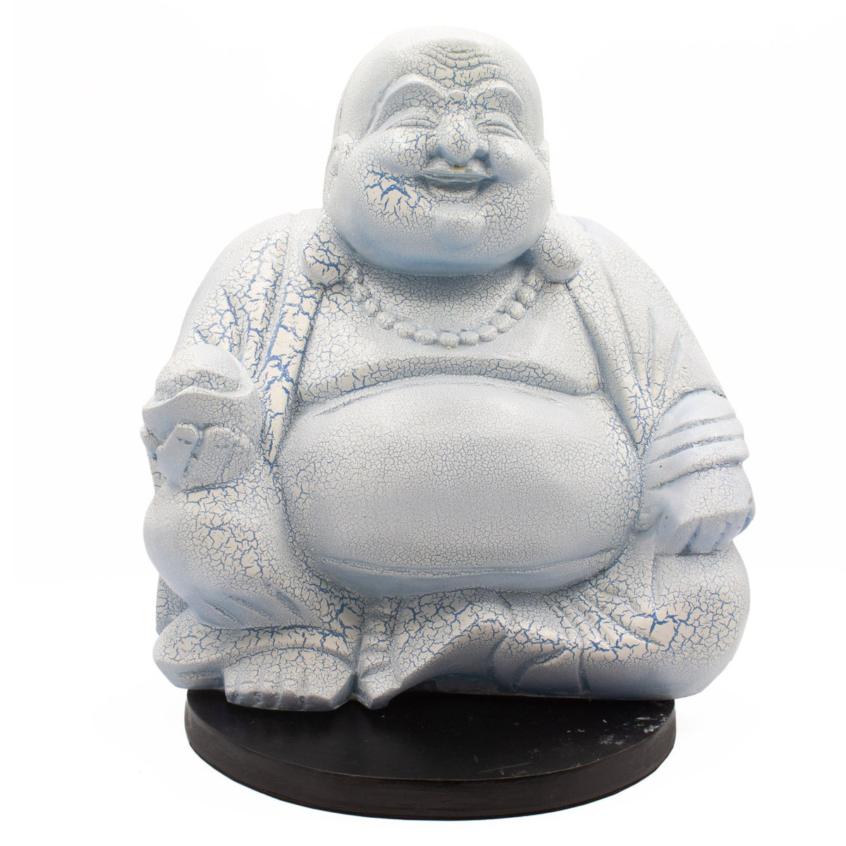 Sky blue Buddha lamp lit from within on a black round stand against a white background