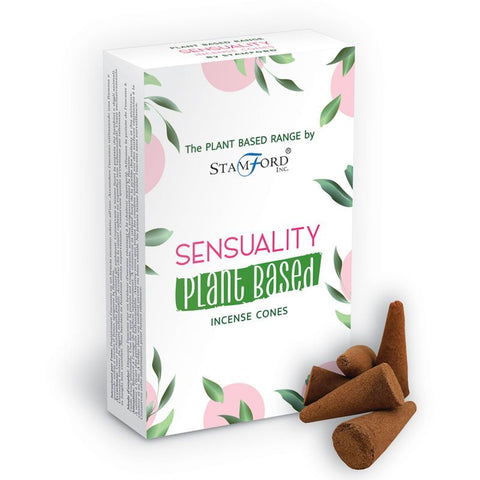 Plant Based Incense Cones, Sensuality, white printed box with brown cones displayed beside it