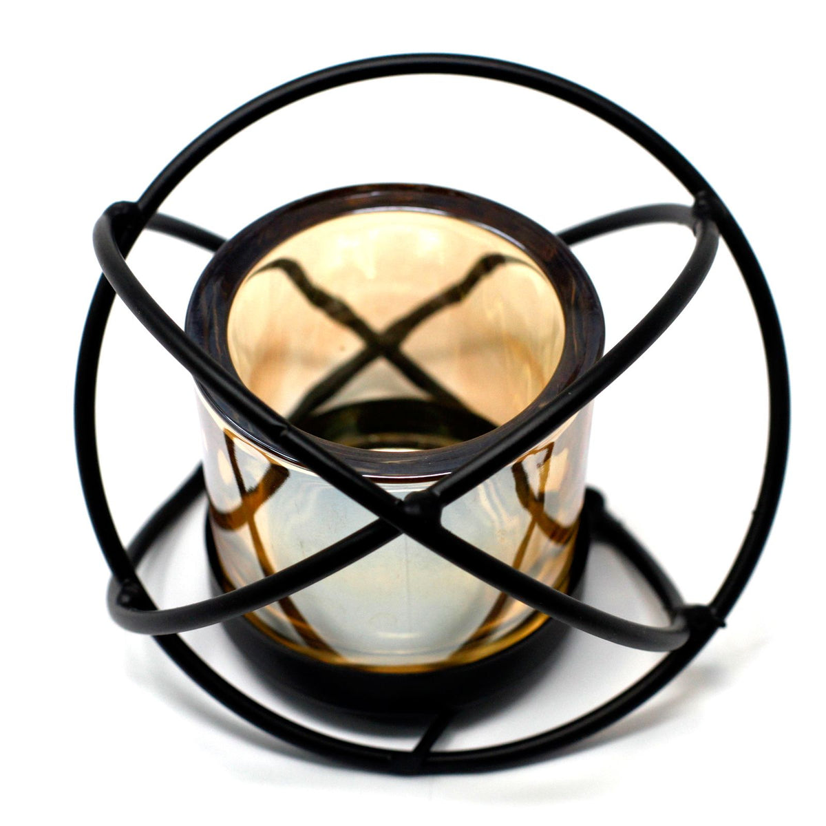 Centrepiece Iron Votive Candle Holder, 1 Cup Single Ball, amber glass cup in black frame, viewed from above