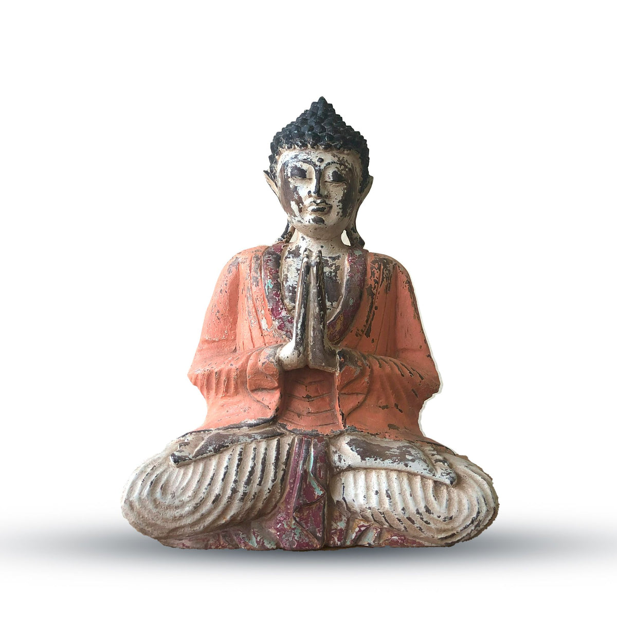 Vintage Orange Hand Carved Buddha Statue, seated with hands together, front view on a white background