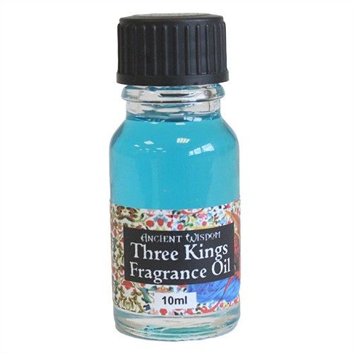 10ml Three Kings Fragrance Oil in a clear bottle with turquoise liquid, black cap and colourful front label