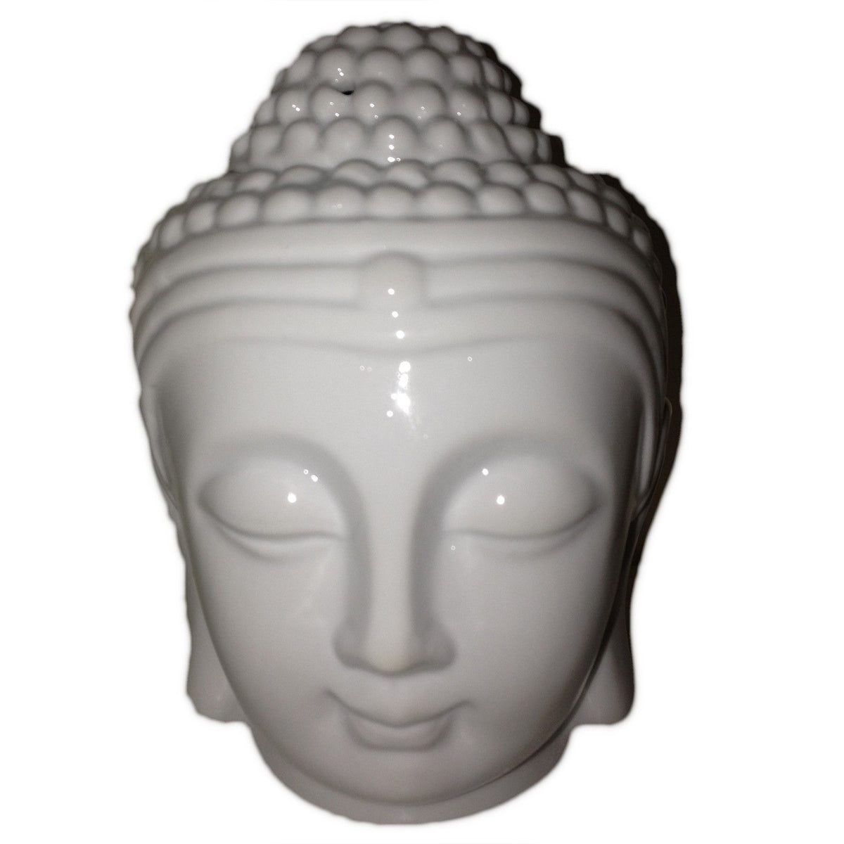 Buddah Head Oil Burner, White, close-up front view of the glossy face against a plain background